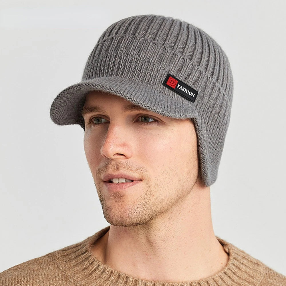 New Winter Men's Hat β Outdoor Ear Protection Warm Knitted Cap with Windproof Visor, Thick Bicycle Scarf Cap for Men